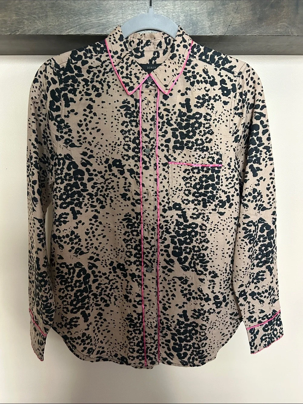 J. Crew Tan and Black Leopard Print Shirt with Pink Trim